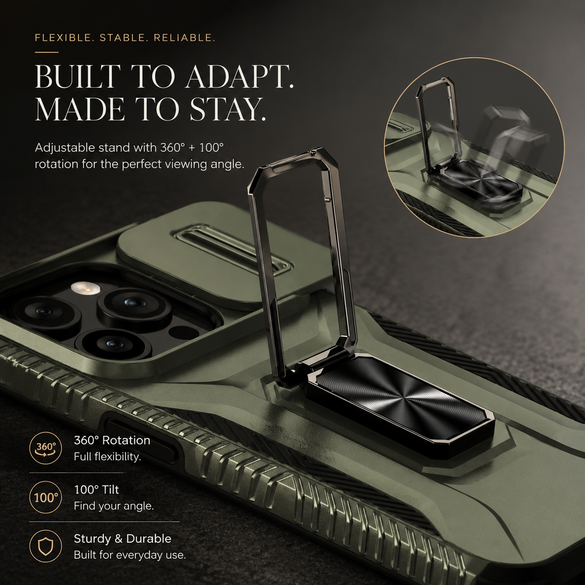 Premium iPhone Case Shockproof Protective Cover All Around Protection Sliding Camera Lens Guard Rotary Stand Anti Slip Grip Durable Design