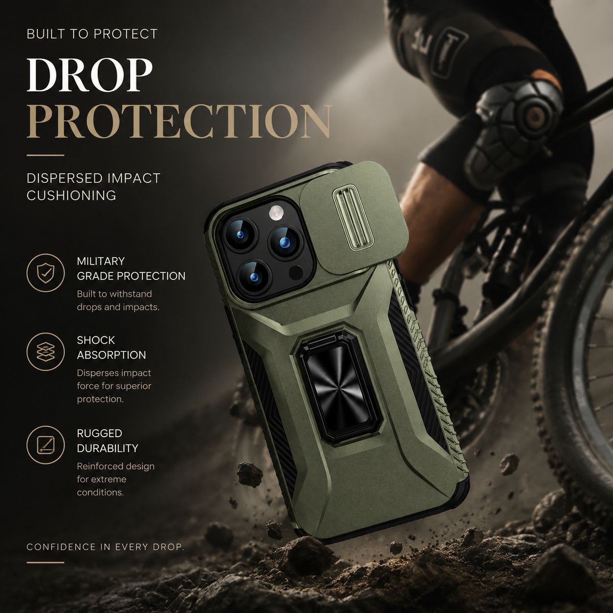 Premium iPhone Case Shockproof Protective Cover All Around Protection Sliding Camera Lens Guard Rotary Stand Anti Slip Grip Durable Design