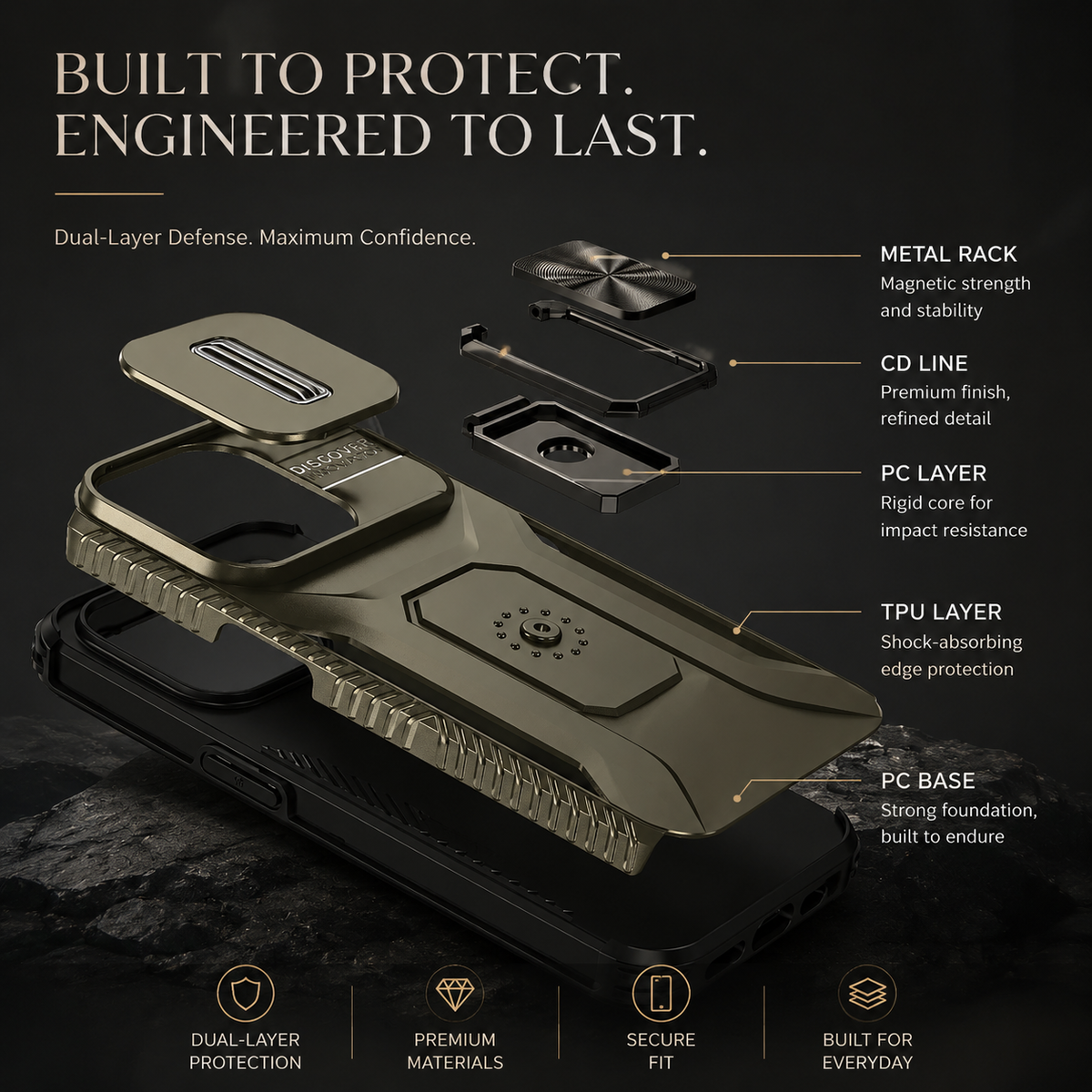 Premium iPhone Case Shockproof Protective Cover All Around Protection Sliding Camera Lens Guard Rotary Stand Anti Slip Grip Durable Design
