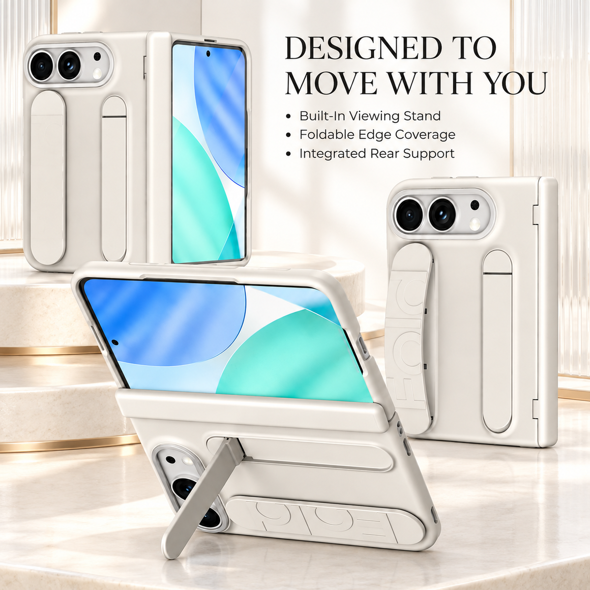 Premium iPhone Case Silicone Palm Strap Hinge Protection HD Screen Protector Shockproof PC TPU Slim Lightweight Foldable Protective Flip Cover Case