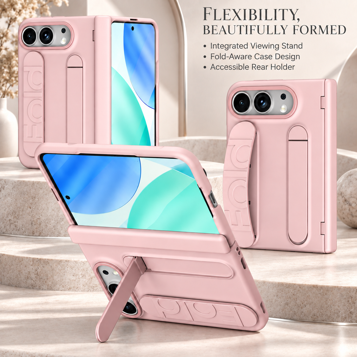 Premium iPhone Case Silicone Palm Strap Hinge Protection HD Screen Protector Shockproof PC TPU Slim Lightweight Foldable Protective Flip Cover Case