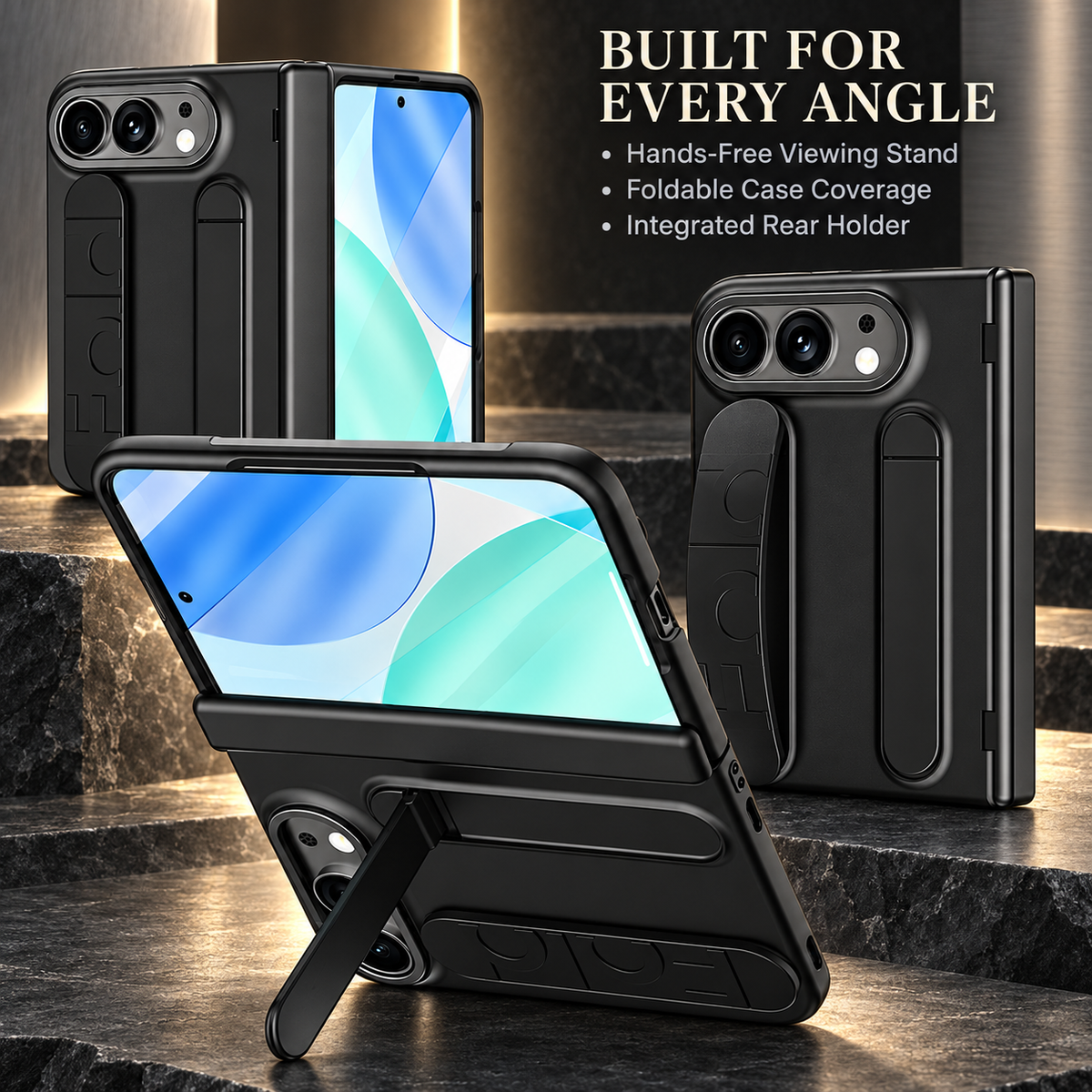 Premium iPhone Case Silicone Palm Strap Hinge Protection HD Screen Protector Shockproof PC TPU Slim Lightweight Foldable Protective Flip Cover Case