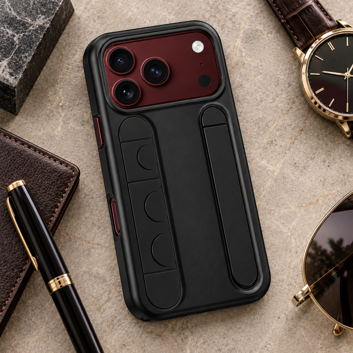Premium iPhone Case Silicone Palm Strap Hinge Protection HD Screen Protector Shockproof PC TPU Slim Lightweight Foldable Protective Flip Cover Case