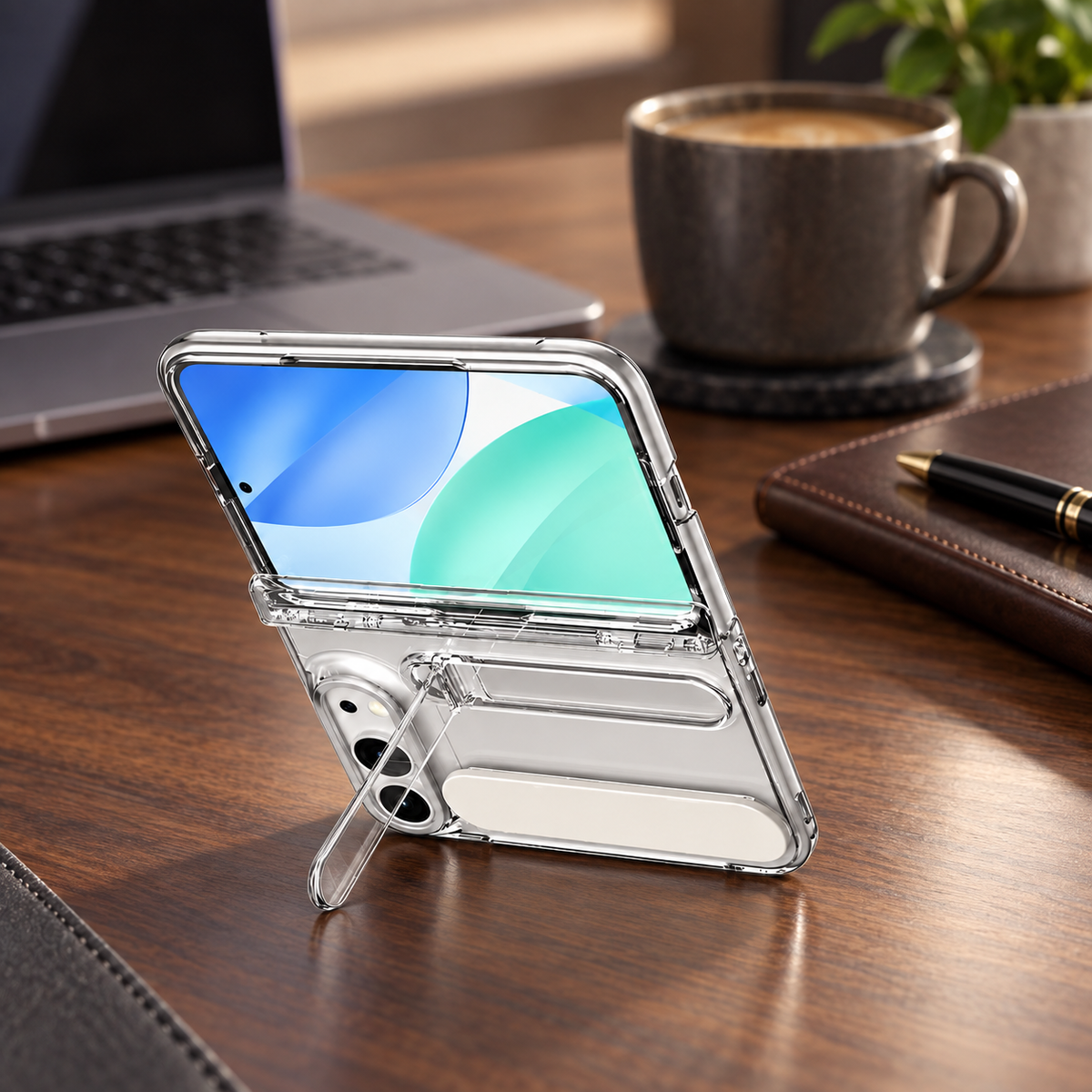 Premium iPhone Case Silicone Palm Strap Hinge Protection HD Screen Protector Shockproof PC TPU Slim Lightweight Foldable Protective Flip Cover Case