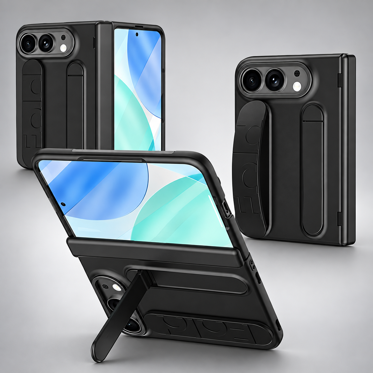 Premium iPhone Case Silicone Palm Strap Hinge Protection HD Screen Protector Shockproof PC TPU Slim Lightweight Foldable Protective Flip Cover Case
