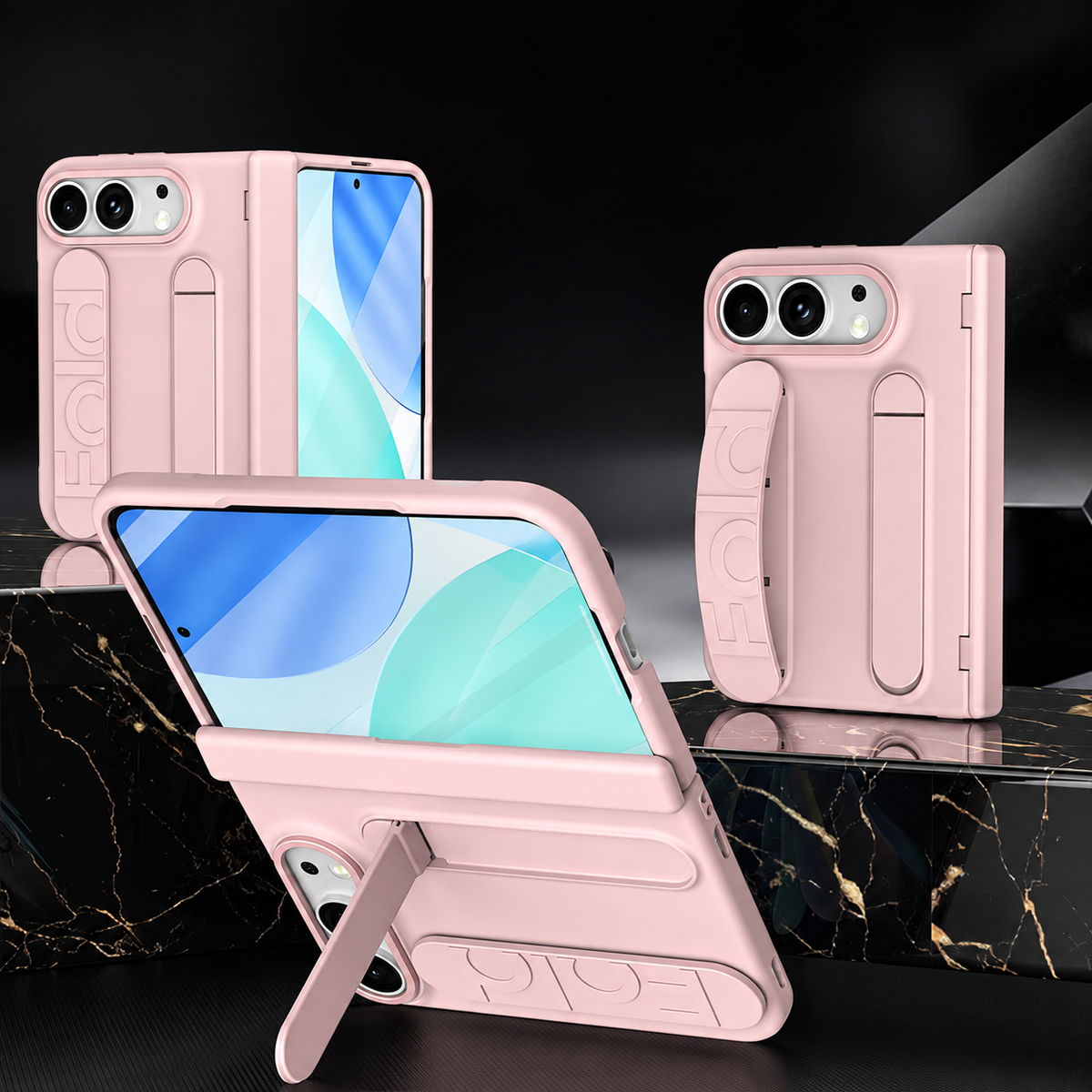 Premium iPhone Case Silicone Palm Strap Hinge Protection HD Screen Protector Shockproof PC TPU Slim Lightweight Foldable Protective Flip Cover Case