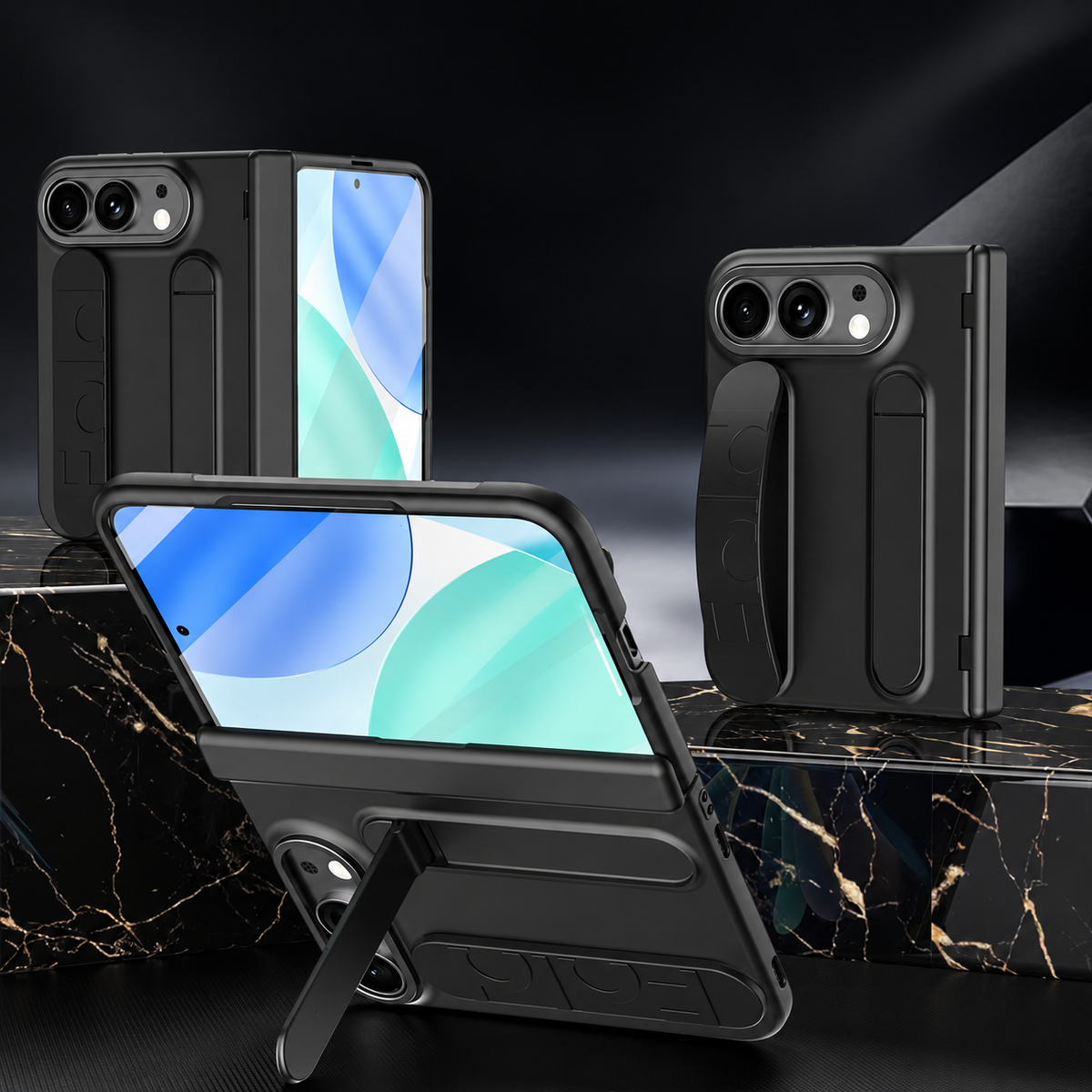 Premium iPhone Case Silicone Palm Strap Hinge Protection HD Screen Protector Shockproof PC TPU Slim Lightweight Foldable Protective Flip Cover Case