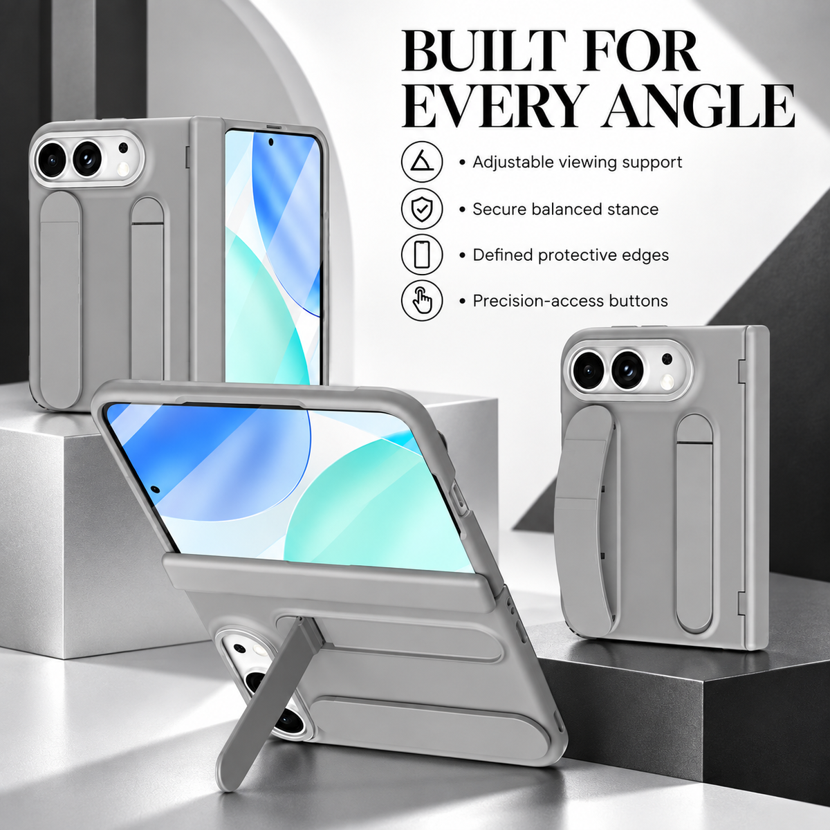 Premium iPhone Case Silicone Palm Strap Wristband Hinge Protection HD Screen Protector Shockproof PC TPU Slim Lightweight Foldable Protective Flip Cover