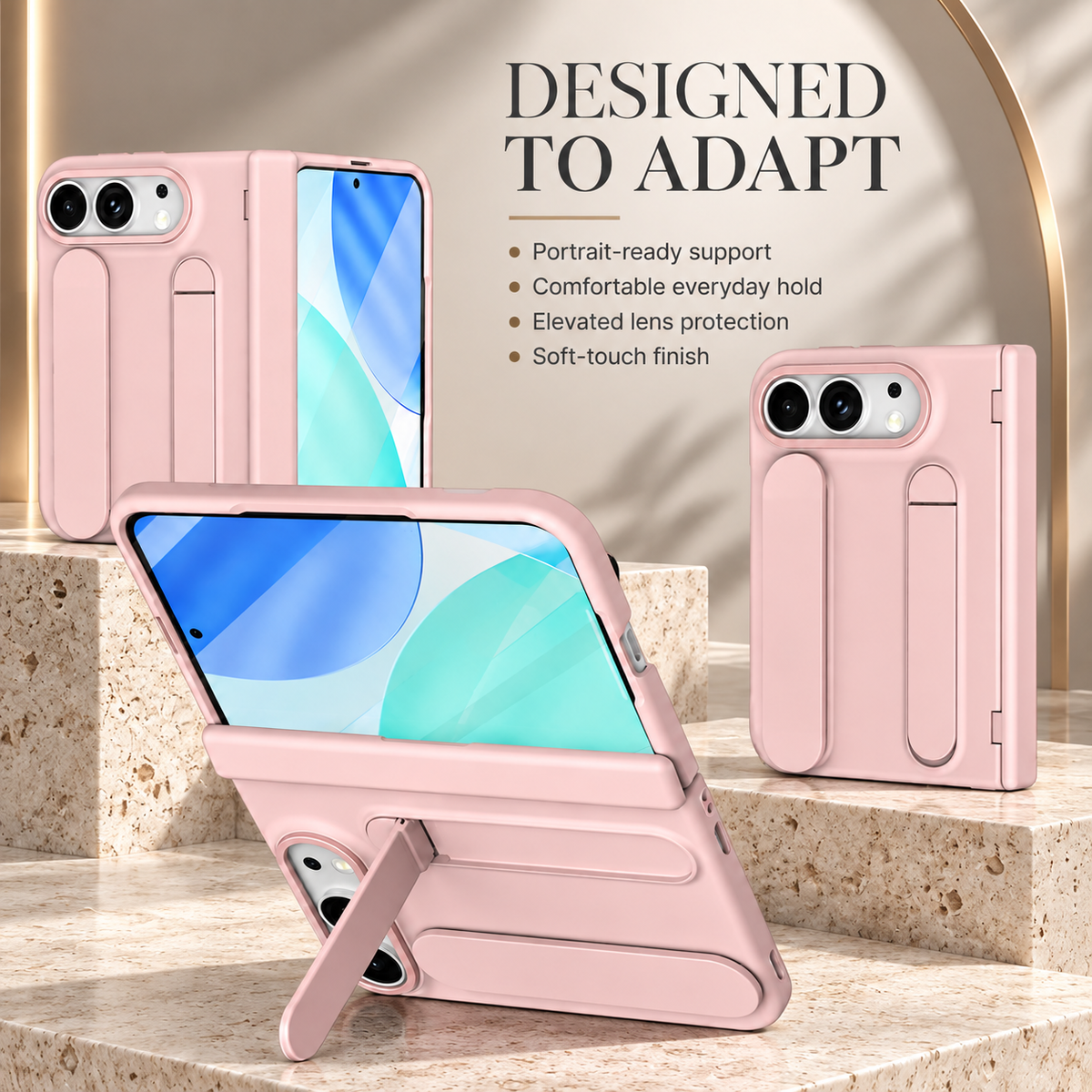 Premium iPhone Case Silicone Palm Strap Wristband Hinge Protection HD Screen Protector Shockproof PC TPU Slim Lightweight Foldable Protective Flip Cover