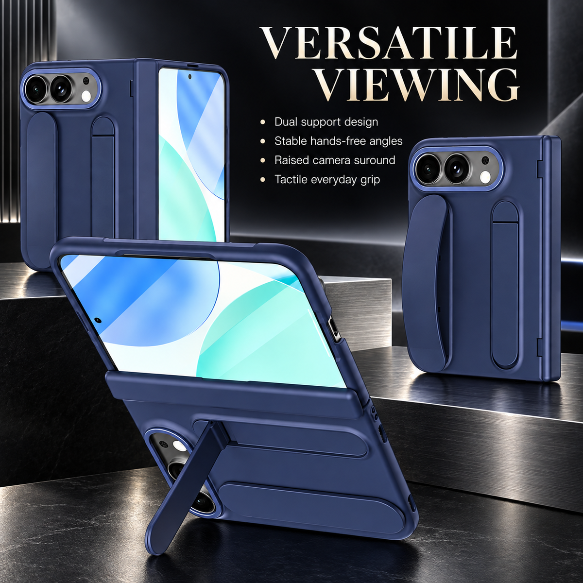 Premium iPhone Case Silicone Palm Strap Wristband Hinge Protection HD Screen Protector Shockproof PC TPU Slim Lightweight Foldable Protective Flip Cover