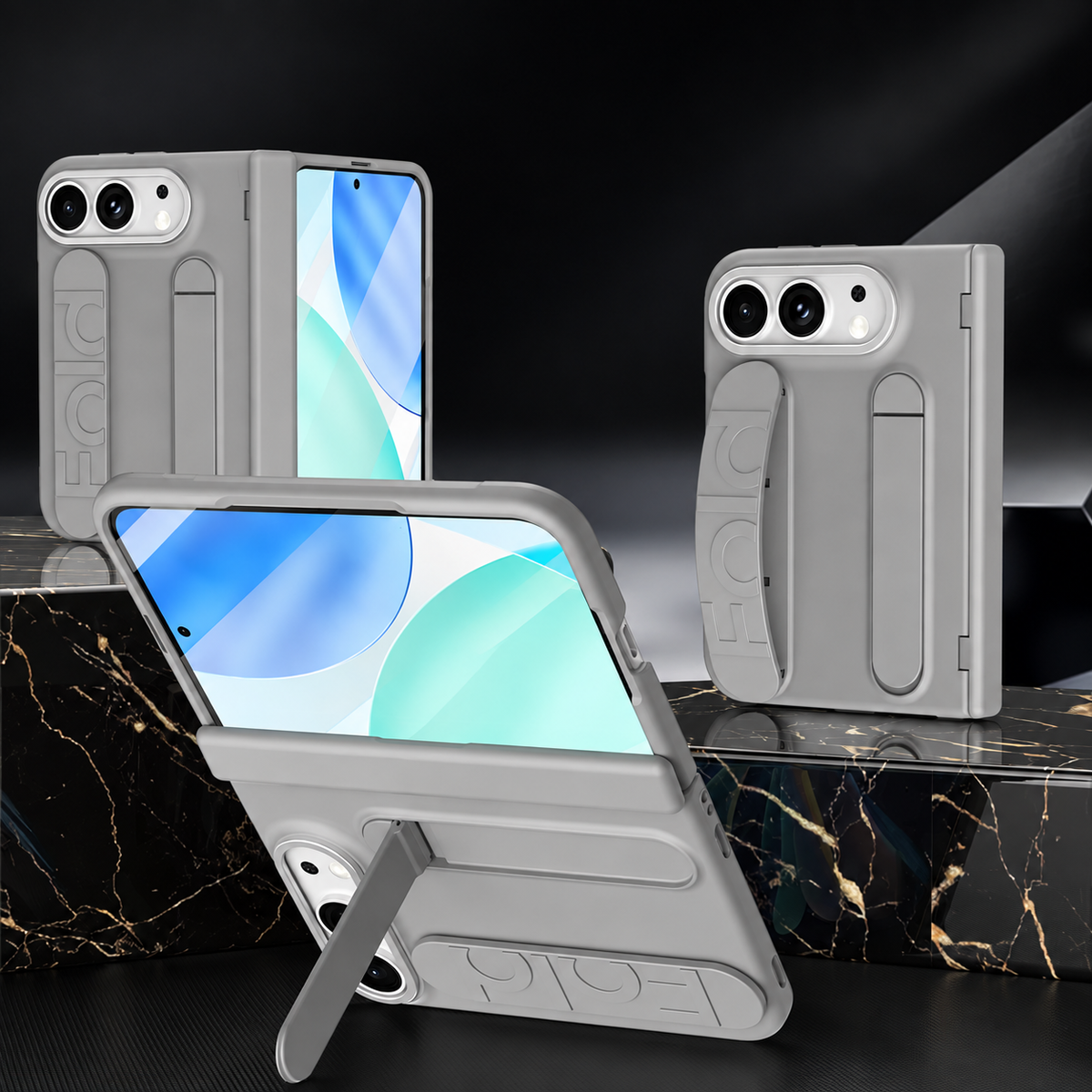 Premium iPhone Case Silicone Palm Strap Wristband Hinge Protection HD Screen Protector Shockproof PC TPU Slim Lightweight Foldable Protective Flip Cover