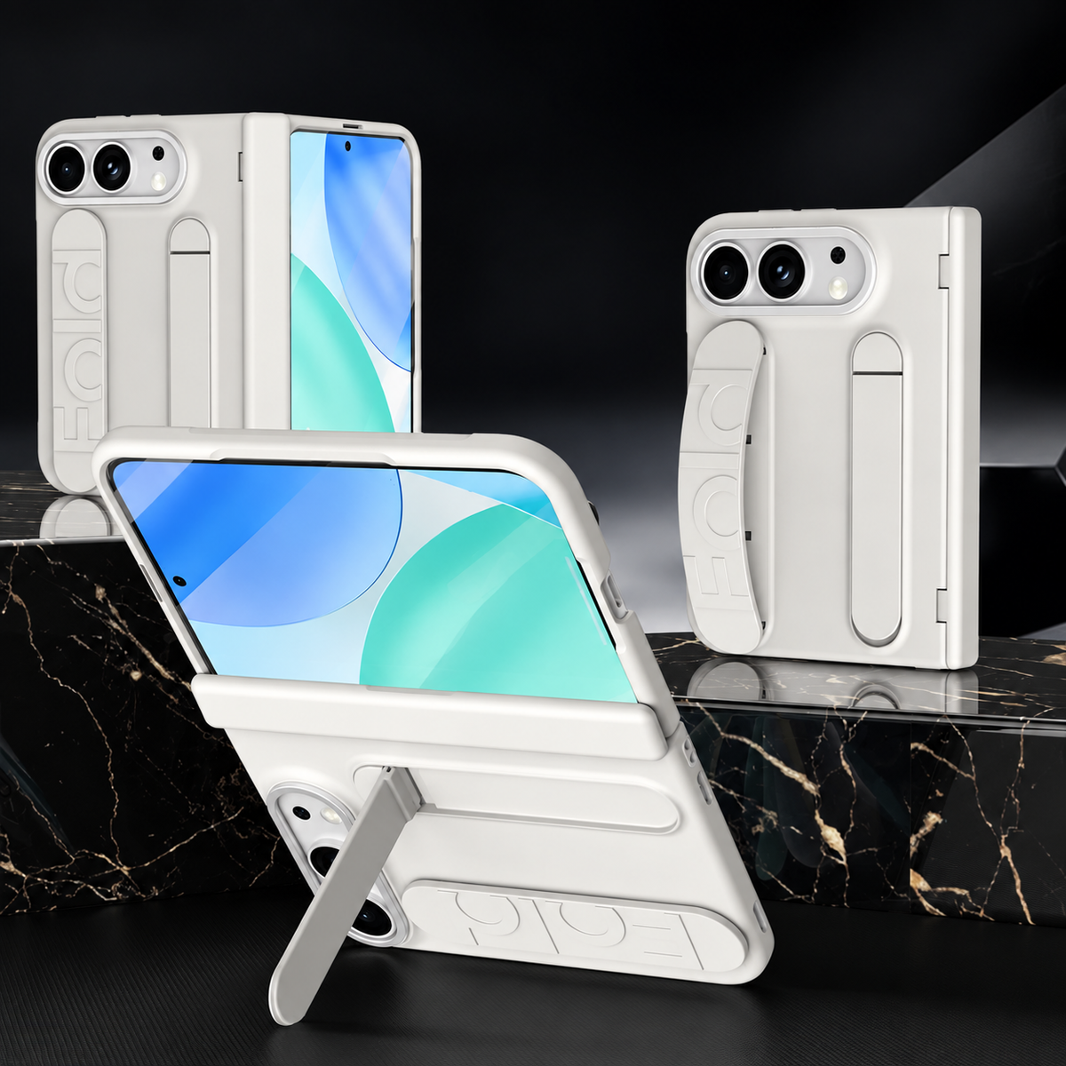 Premium iPhone Case Silicone Palm Strap Wristband Hinge Protection HD Screen Protector Shockproof PC TPU Slim Lightweight Foldable Protective Flip Cover