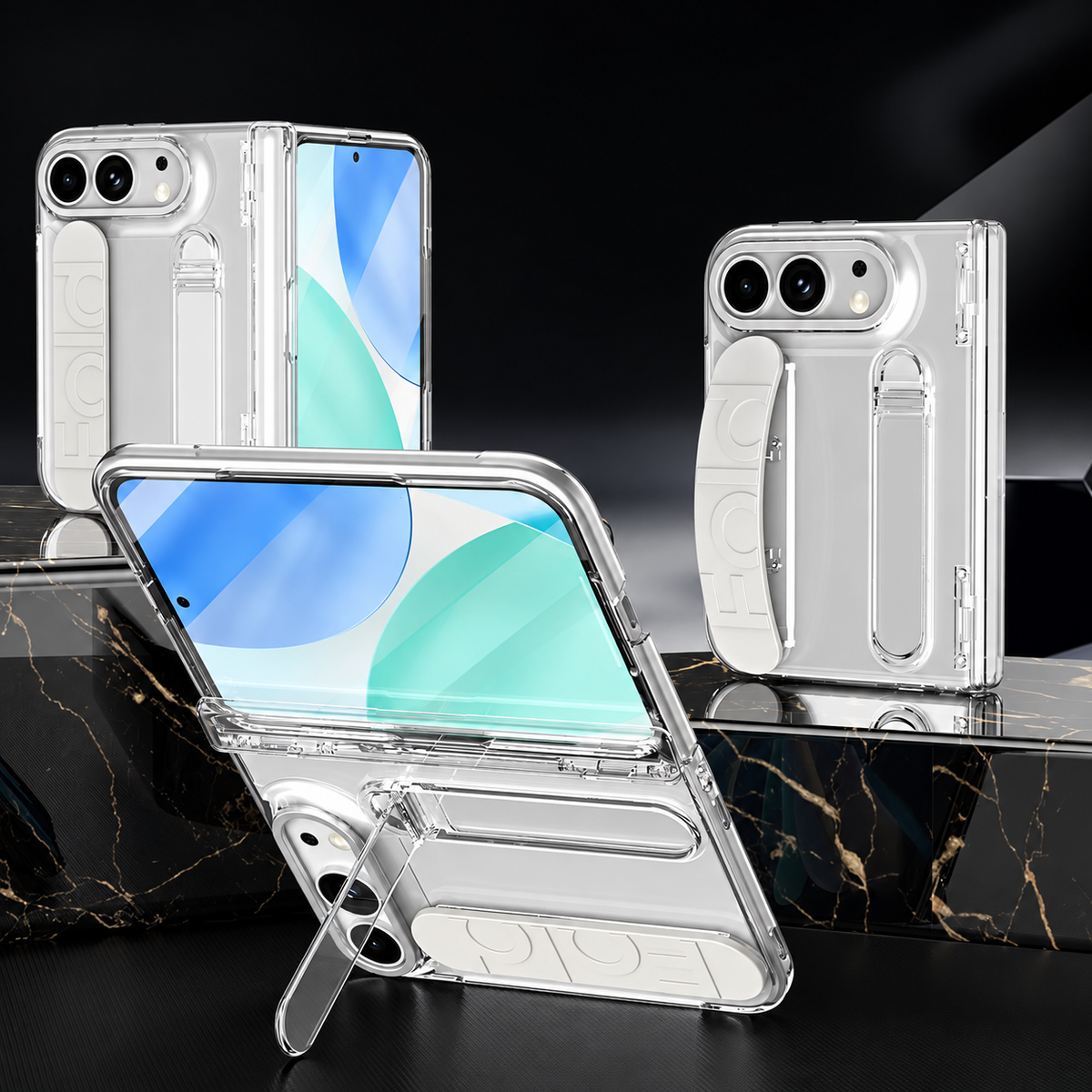 Premium iPhone Case Silicone Palm Strap Wristband Hinge Protection HD Screen Protector Shockproof PC TPU Slim Lightweight Foldable Protective Flip Cover