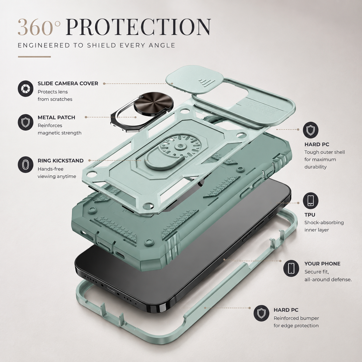 Premium iPhone Case Slide Camera Lens Protector Magnetic Ring Holder Heavy Duty Shockproof Kickstand Anti Scratch Non Slip Rugged Bumper Cover