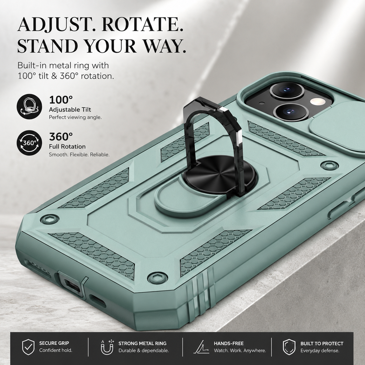 Premium iPhone Case Slide Camera Lens Protector Magnetic Ring Holder Heavy Duty Shockproof Kickstand Anti Scratch Non Slip Rugged Bumper Cover
