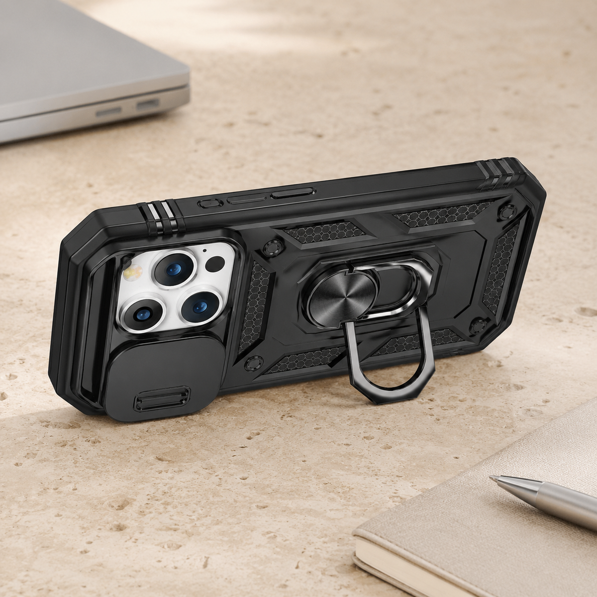 Premium iPhone Case Slide Camera Lens Protector Magnetic Ring Holder Heavy Duty Shockproof Kickstand Anti Scratch Non Slip Rugged Bumper Cover