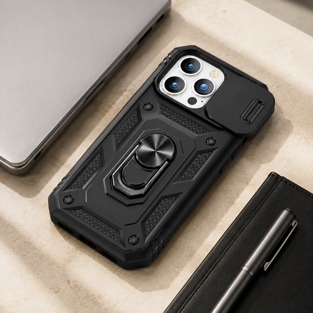 Premium iPhone Case Slide Camera Lens Protector Magnetic Ring Holder Heavy Duty Shockproof Kickstand Anti Scratch Non Slip Rugged Bumper Cover