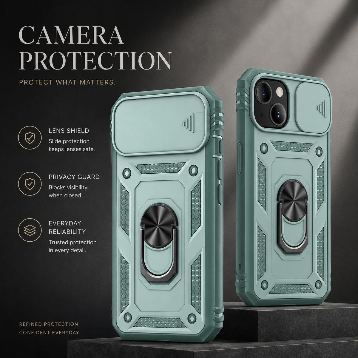 Premium iPhone Case Slide Camera Lens Protector Magnetic Ring Holder Heavy Duty Shockproof Kickstand Anti Scratch Non Slip Rugged Bumper Cover