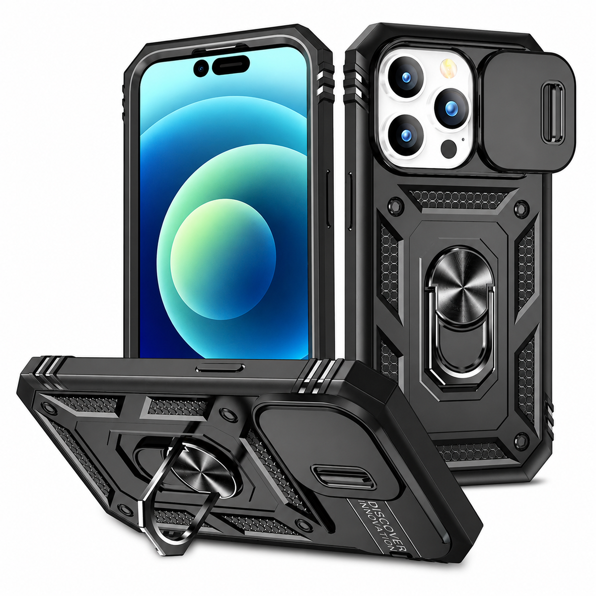 Premium iPhone Case Slide Camera Lens Protector Magnetic Ring Holder Heavy Duty Shockproof Kickstand Anti Scratch Non Slip Rugged Bumper Cover