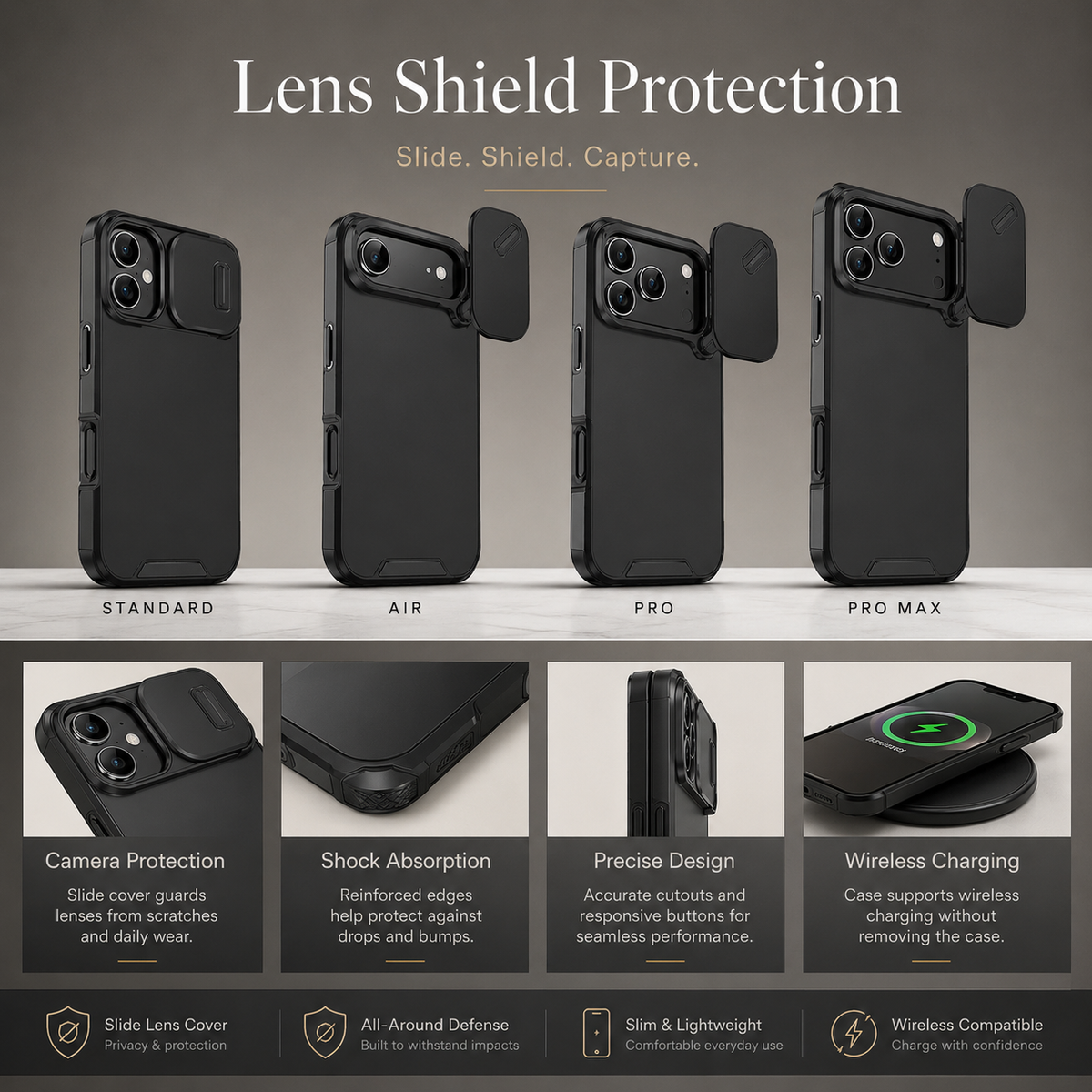 Premium iPhone Case Sliding Camera Lens Protection Shockproof Protective Cover PC TPU Anti Collision Reinforced Corners Anti Scratch Slim Full Coverage