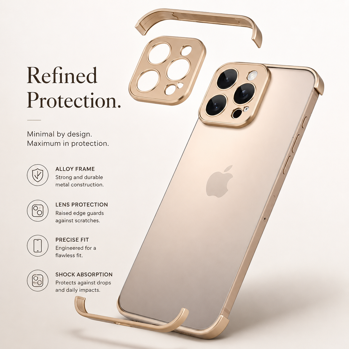 Premium iPhone Case Slim Metal Frameless Aluminum Bumper Corner Pads Ultra Thin Backless Edge Protection Minimalist Lightweight Protective Frame Cover