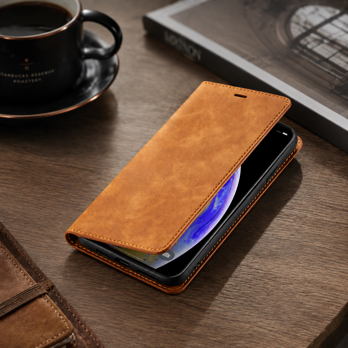 Premium iPhone Case Suede Leather Wallet Flip Cover Card Holder Magnetic Closure Shockproof Full Body Protection Slim Soft Touch Kickstand Design