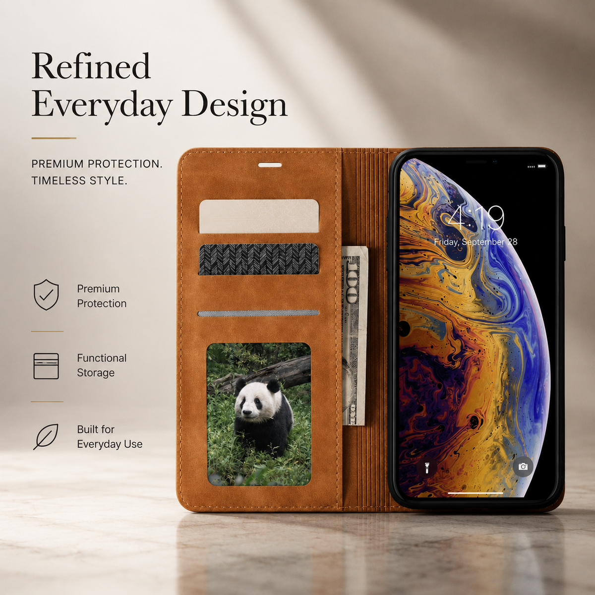 Premium iPhone Case Suede Leather Wallet Flip Cover Card Holder Magnetic Closure Shockproof Full Body Protection Slim Soft Touch Kickstand Design