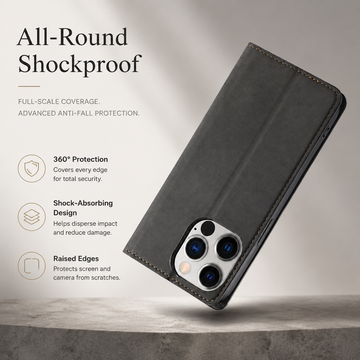 Premium iPhone Case Suede Leather Wallet Flip Cover Card Holder Magnetic Closure Shockproof Full Body Protection Slim Soft Touch Kickstand Design
