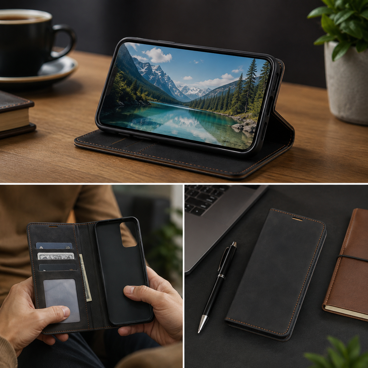 Premium iPhone Case Suede Leather Wallet Flip Cover Card Holder Magnetic Closure Shockproof Full Body Protection Slim Soft Touch Protective Design