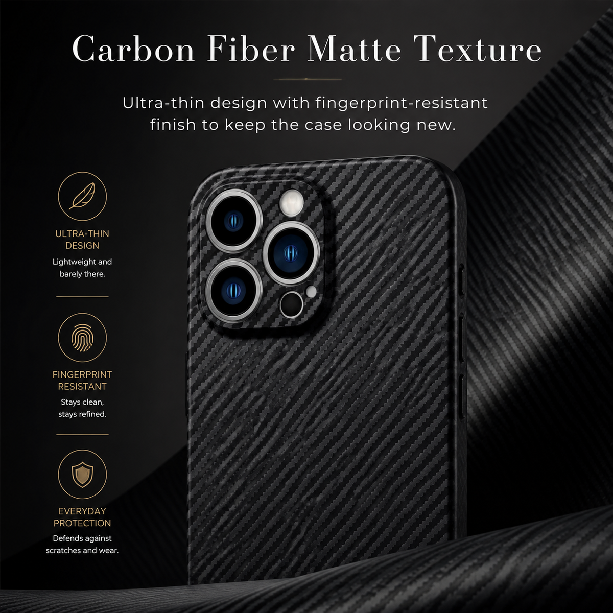 Premium iPhone Case Ultra Thin Carbon Fiber Matte Protective Cover 0.2mm PP Back Lightweight Scratch Resistant Slim Minimalist Hard Back Design