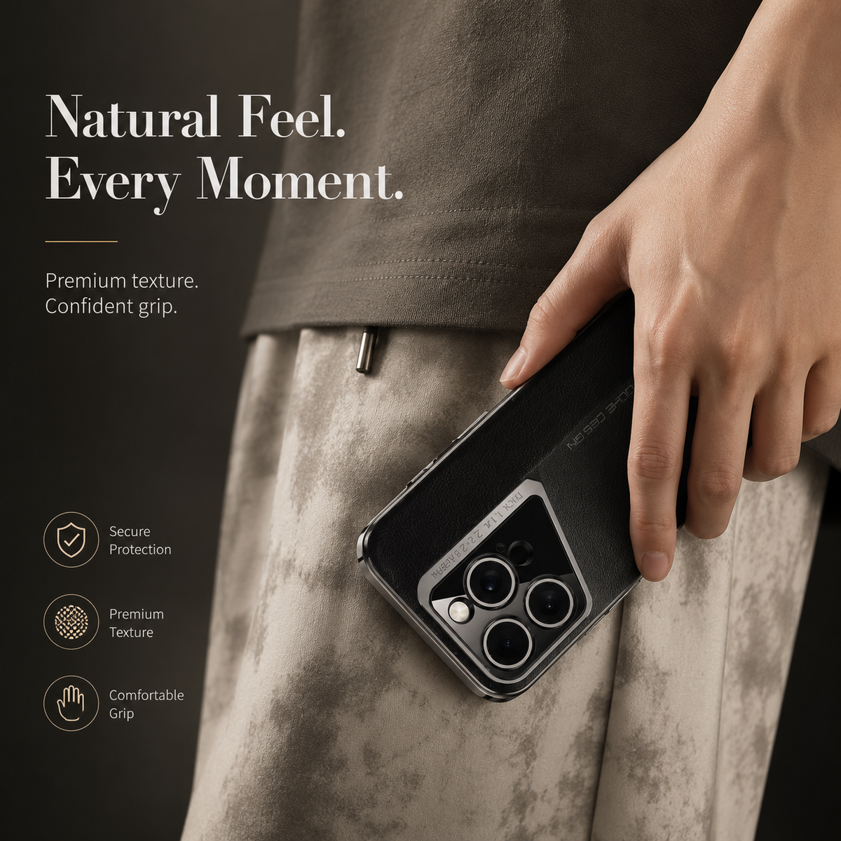 Premium iPhone Case Vegan Leather Hard Back Protective Cover Camera Lens Protection Anti Fingerprint Anti Scratch Slim Lightweight Minimalist Soft Touch