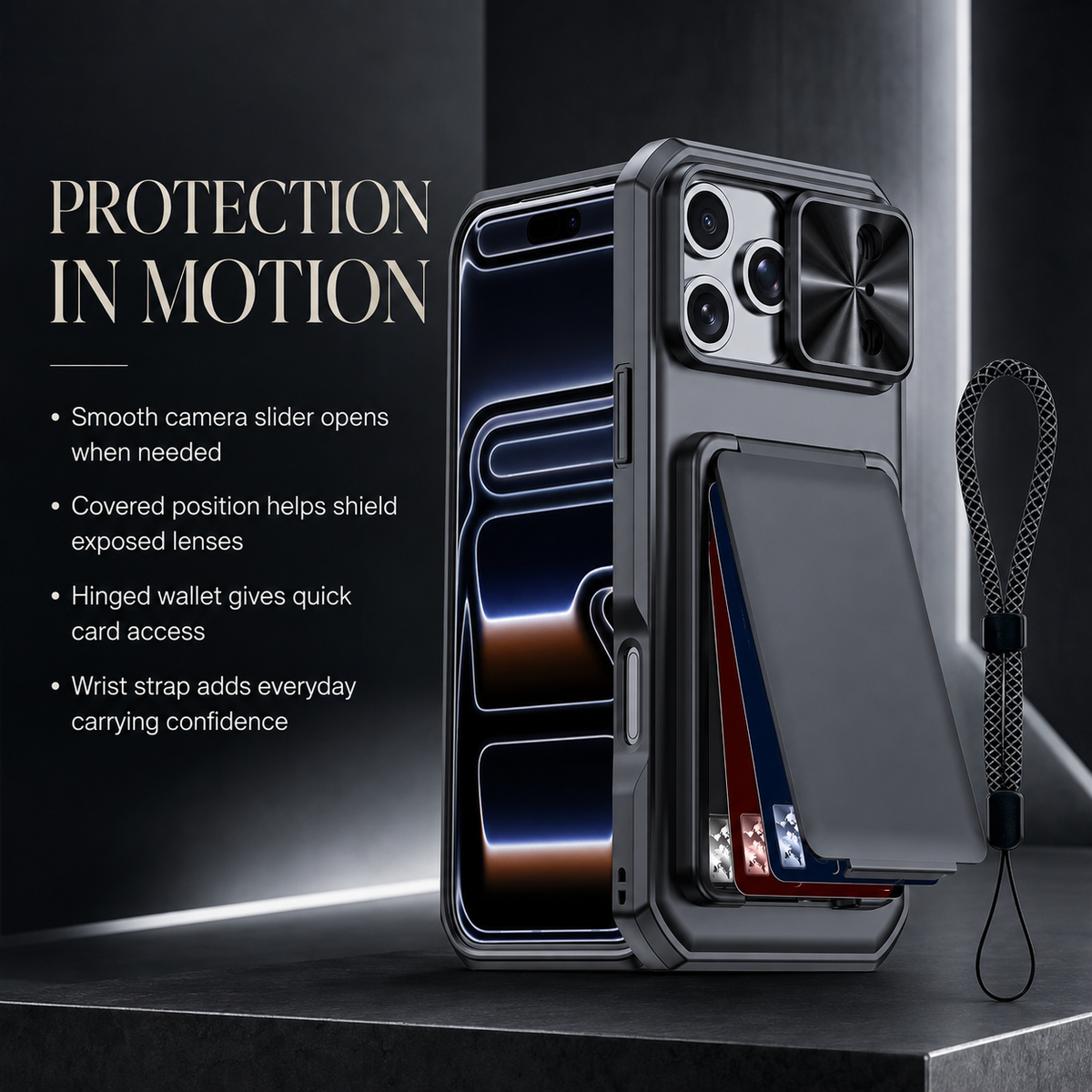 Premium iPhone Case Wallet Card Holder 3-4 Cards Kickstand Slide Camera Cover Wrist Strap Shockproof PC TPU Rugged Protective Phone Case
