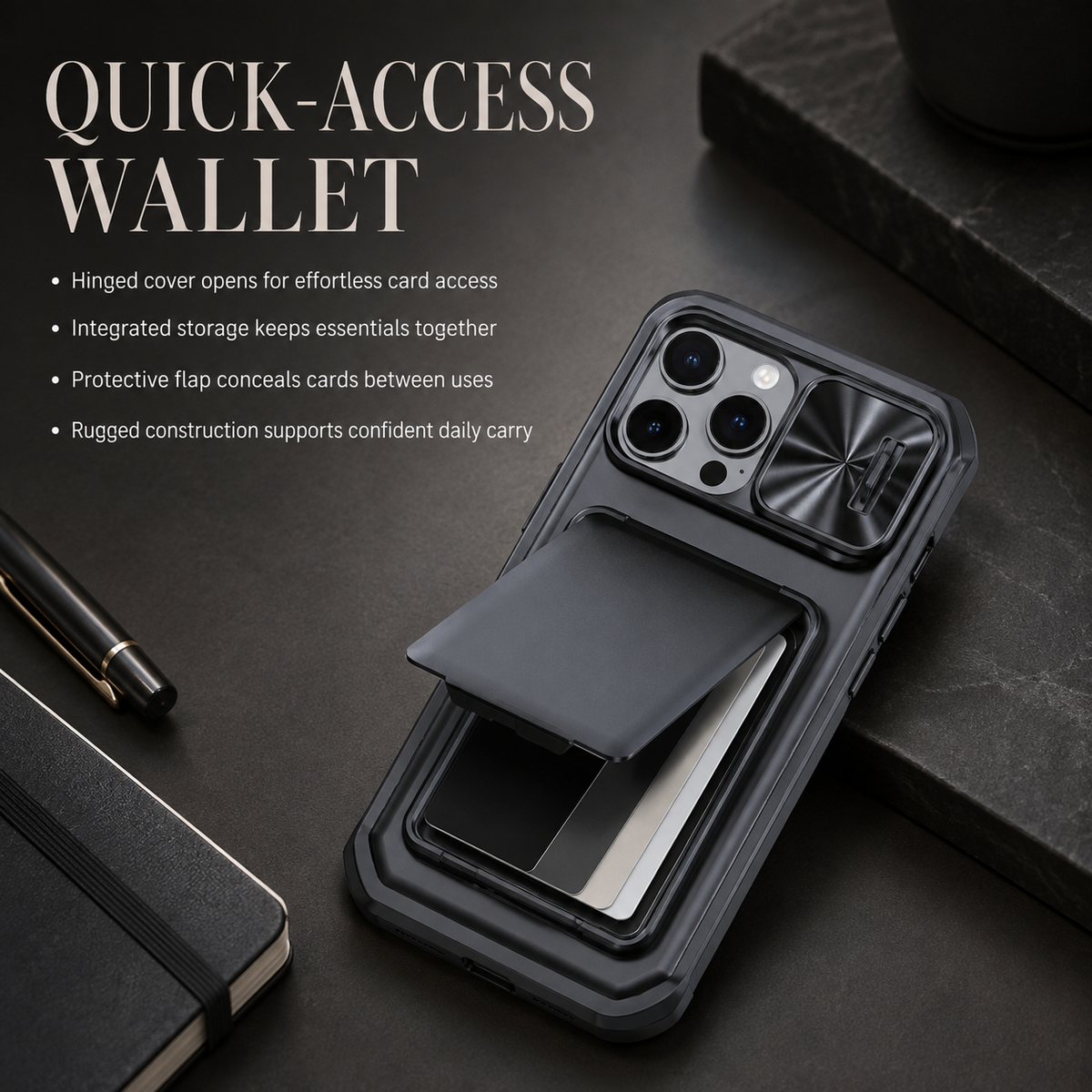 Premium iPhone Case Wallet Card Holder 3-4 Cards Kickstand Slide Camera Cover Wrist Strap Shockproof PC TPU Rugged Protective Phone Case