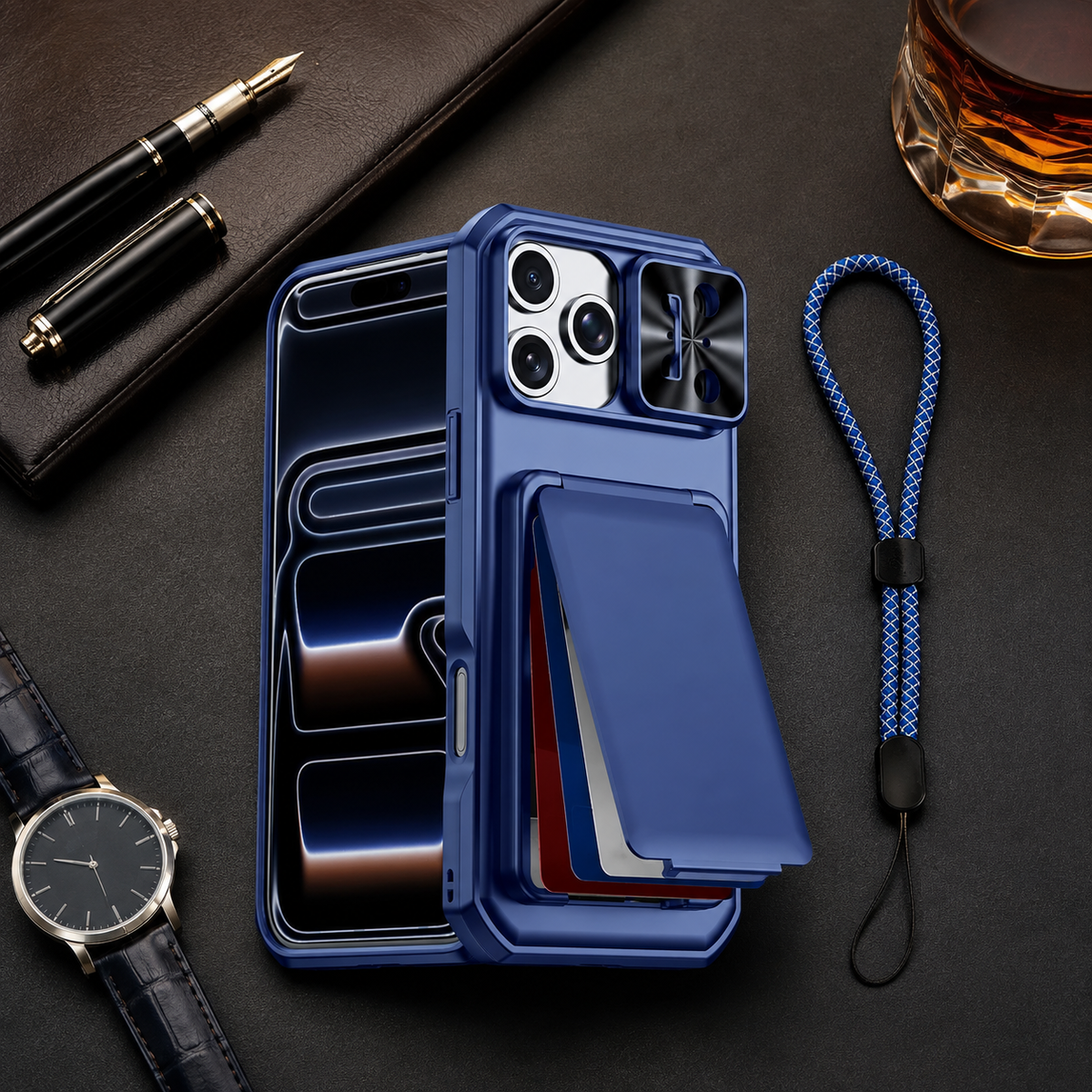 Premium iPhone Case Wallet Card Holder 3-4 Cards Kickstand Slide Camera Cover Wrist Strap Shockproof PC TPU Rugged Protective Phone Case