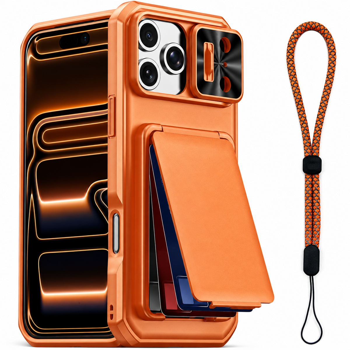 Premium iPhone Case Wallet Card Holder 3-4 Cards Kickstand Slide Camera Cover Wrist Strap Shockproof PC TPU Rugged Protective Phone Case