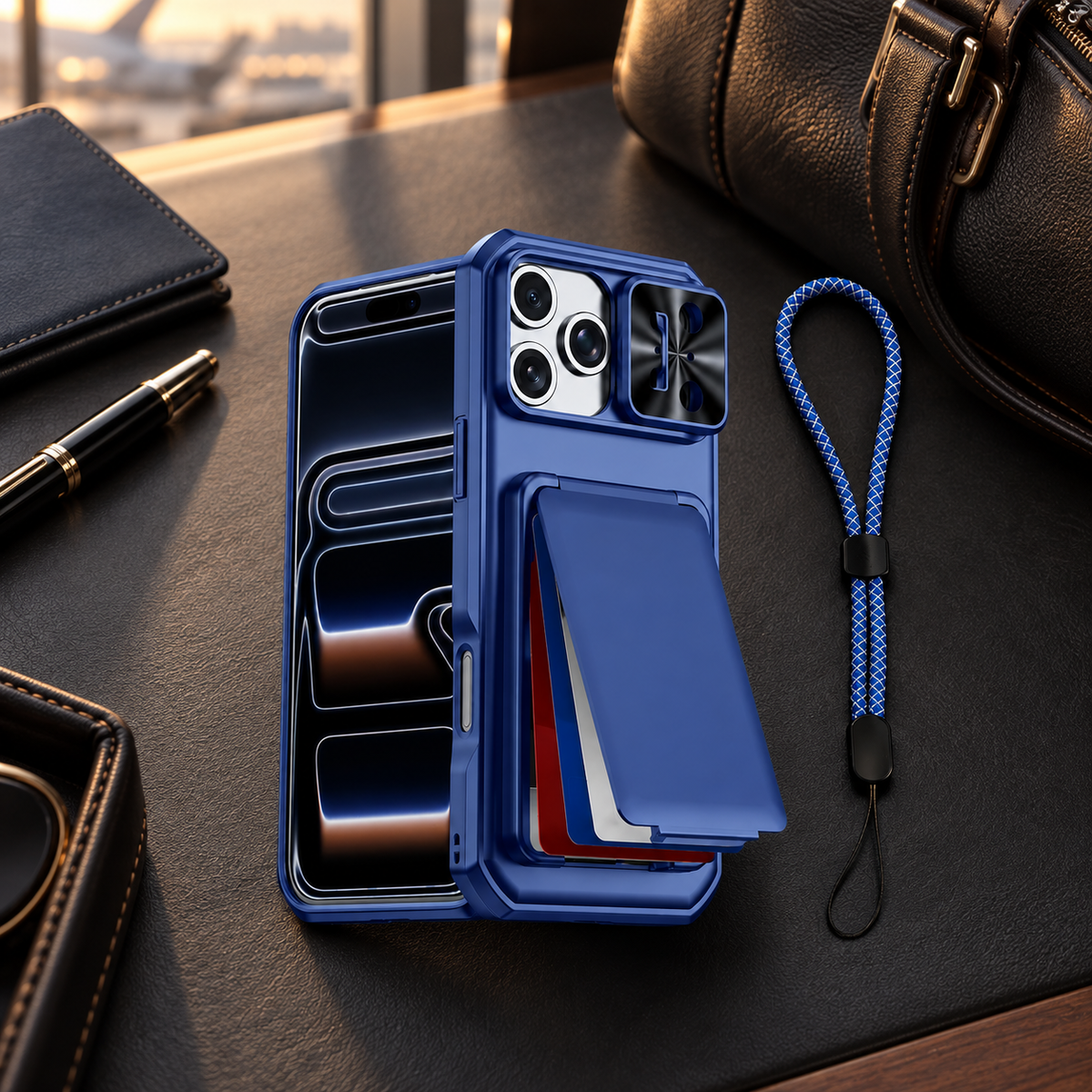 Premium iPhone Case Wallet Card Holder 3-4 Cards Kickstand Slide Camera Cover Wrist Strap Shockproof PC TPU Rugged Protective Phone Case