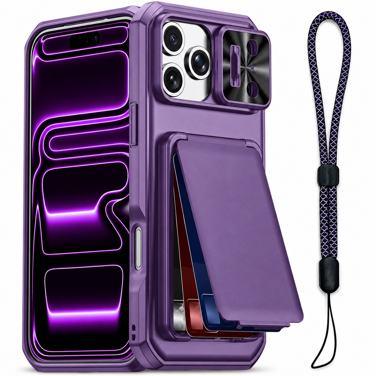 Premium iPhone Case Wallet Card Holder 3-4 Cards Kickstand Slide Camera Cover Wrist Strap Shockproof PC TPU Rugged Protective Phone Case