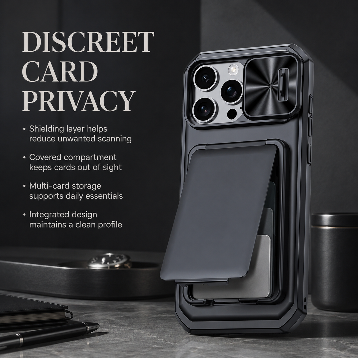 Premium iPhone Case Wallet Card Holder 3-4 Cards Kickstand Slide Camera Cover Wrist Strap Shockproof PC TPU Rugged Protective Phone Case