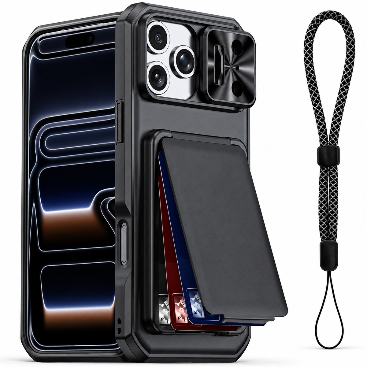 Premium iPhone Case Wallet Card Holder 3-4 Cards Kickstand Slide Camera Cover Wrist Strap Shockproof PC TPU Rugged Protective Phone Case