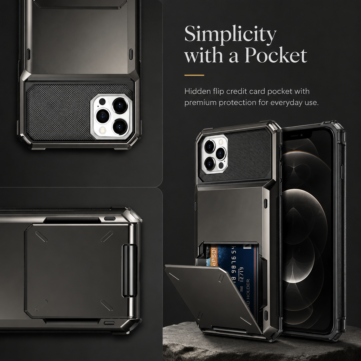 Premium iPhone Case Wallet Card Holder Hidden Flip Door Shockproof Protective Cover Dual Layer Armor Anti Scratch Camera Protection Raised Screen Grip