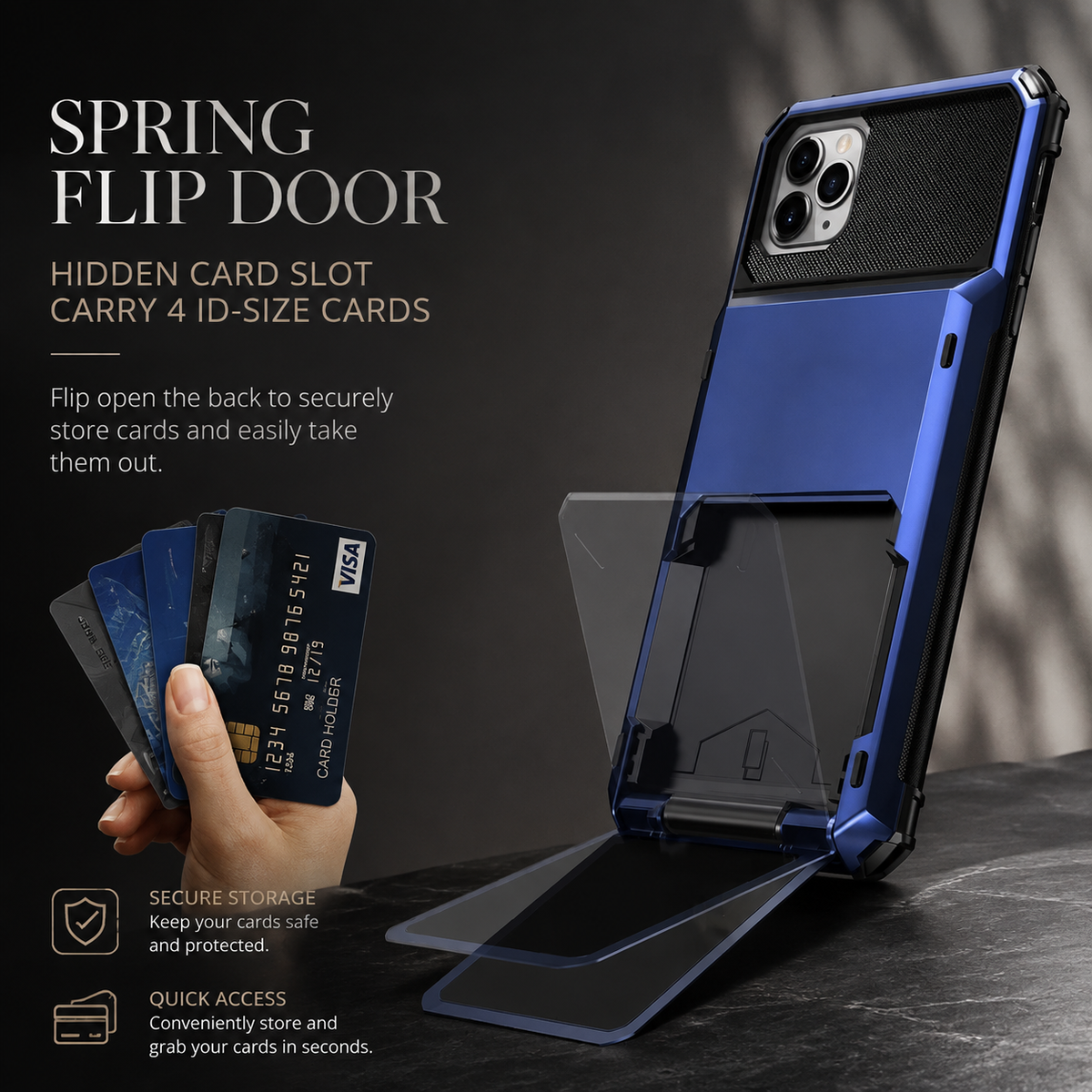 Premium iPhone Case Wallet Card Holder Hidden Flip Door Shockproof Protective Cover Dual Layer Armor Anti Scratch Camera Protection Raised Screen Grip