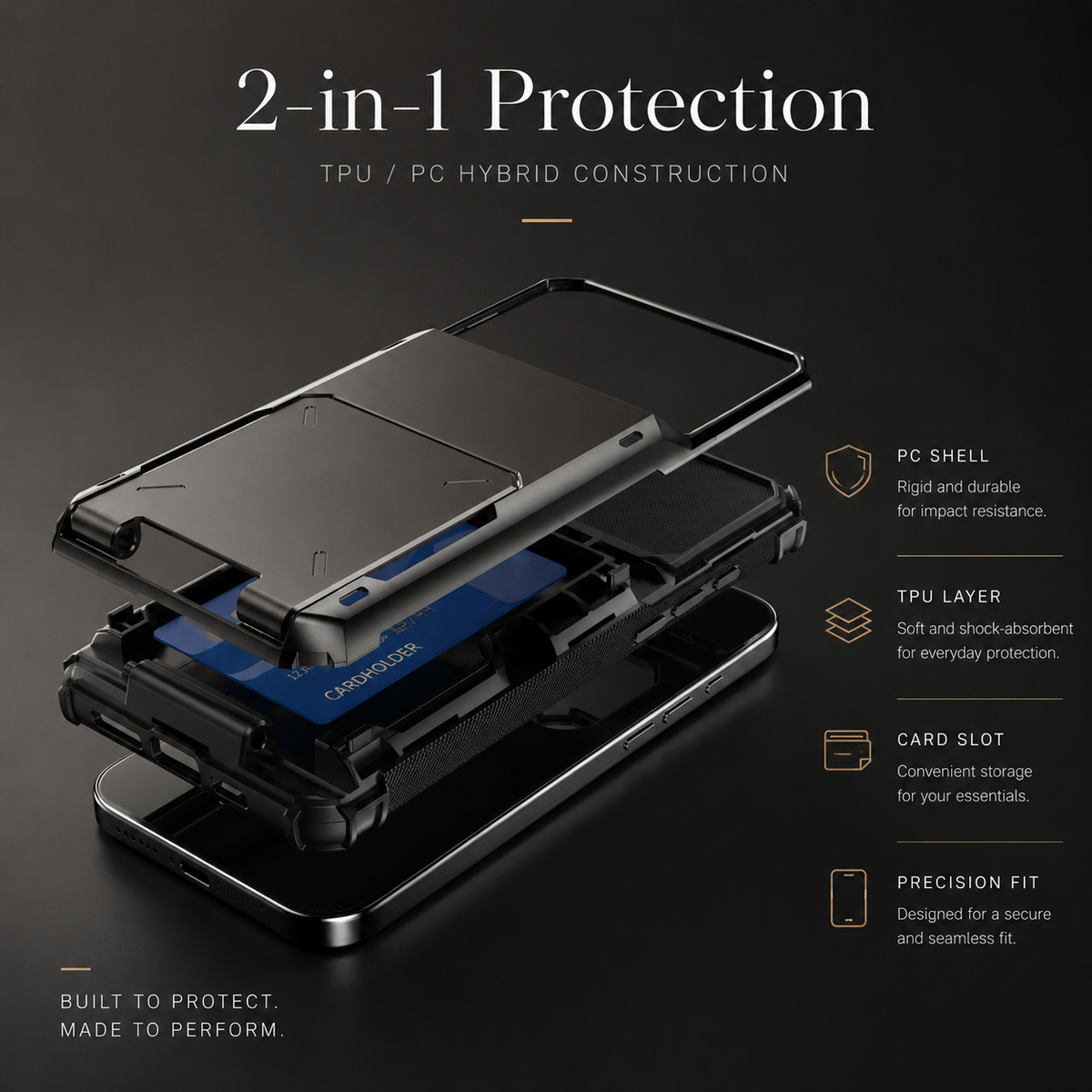Premium iPhone Case Wallet Card Holder Slide Armor Shockproof Protective Cover Dual Layer PC Anti Scratch Anti Fingerprint Non Slip Slim Business Design