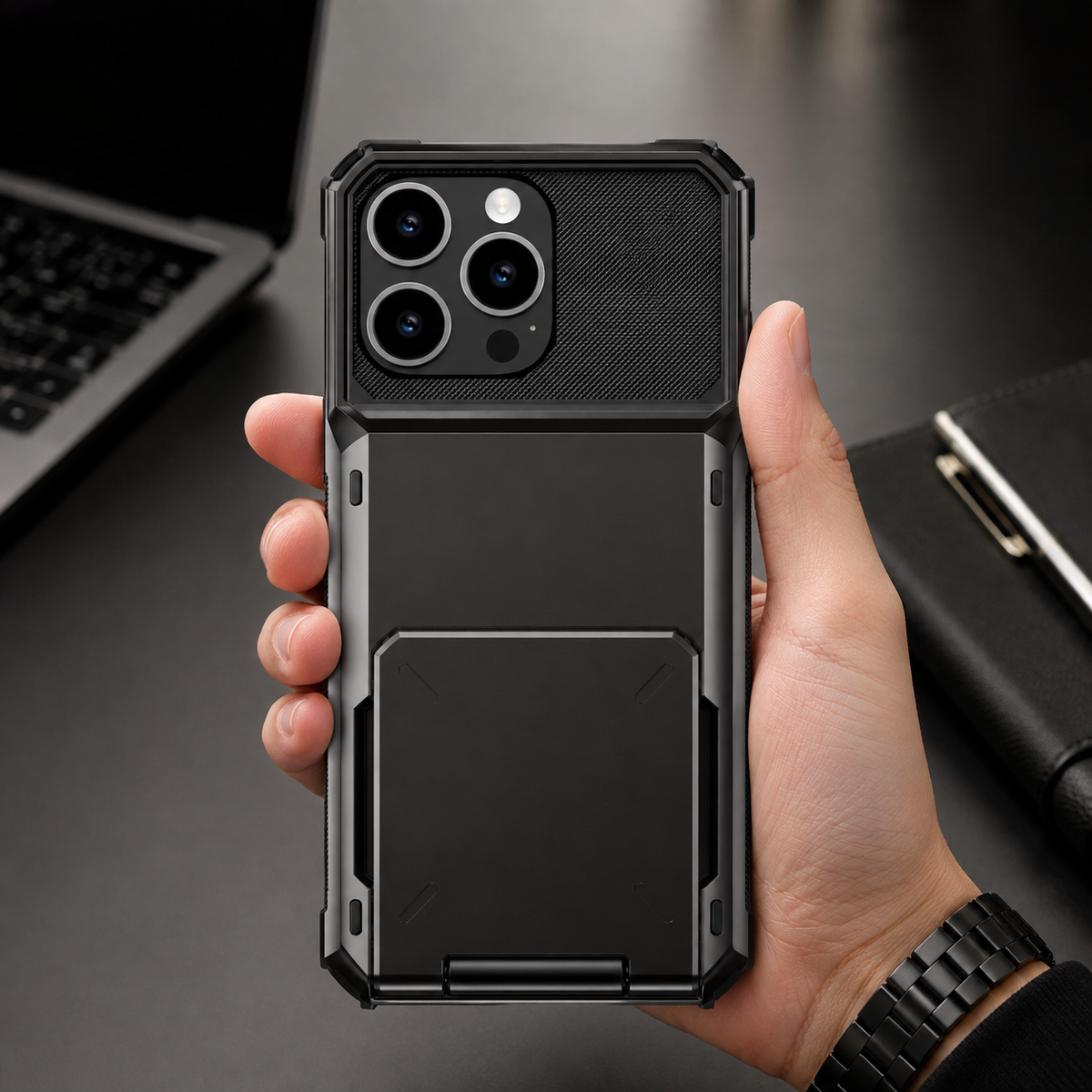 Premium iPhone Case Wallet Card Holder Slide Armor Shockproof Protective Cover Dual Layer PC Anti Scratch Anti Fingerprint Non Slip Slim Business Design