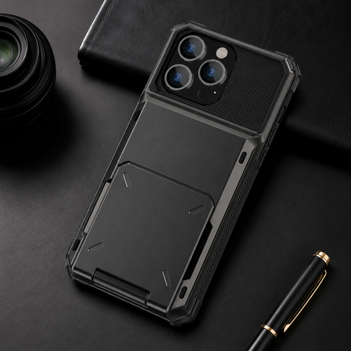 Premium iPhone Case Wallet Card Holder Slide Armor Shockproof Protective Cover Dual Layer PC Anti Scratch Anti Fingerprint Non Slip Slim Business Design