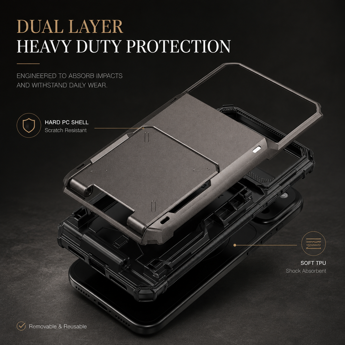 Premium iPhone Case Wallet Card Holder Slide Armor Shockproof Protective Cover Dual Layer PC Anti Scratch Anti Fingerprint Non Slip Slim Business Design