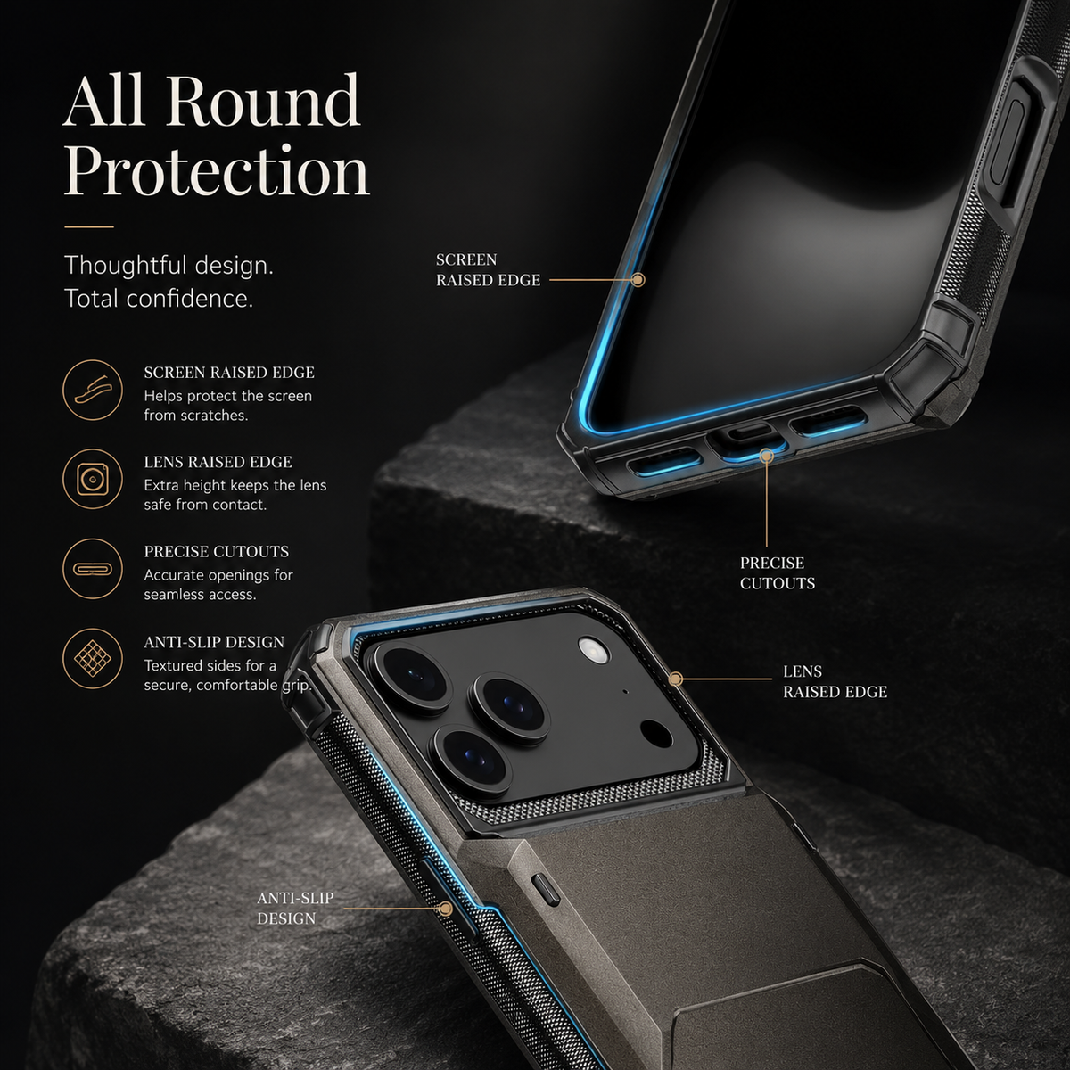 Premium iPhone Case Wallet Card Holder Slide Armor Shockproof Protective Cover Dual Layer PC Anti Scratch Anti Fingerprint Non Slip Slim Business Design