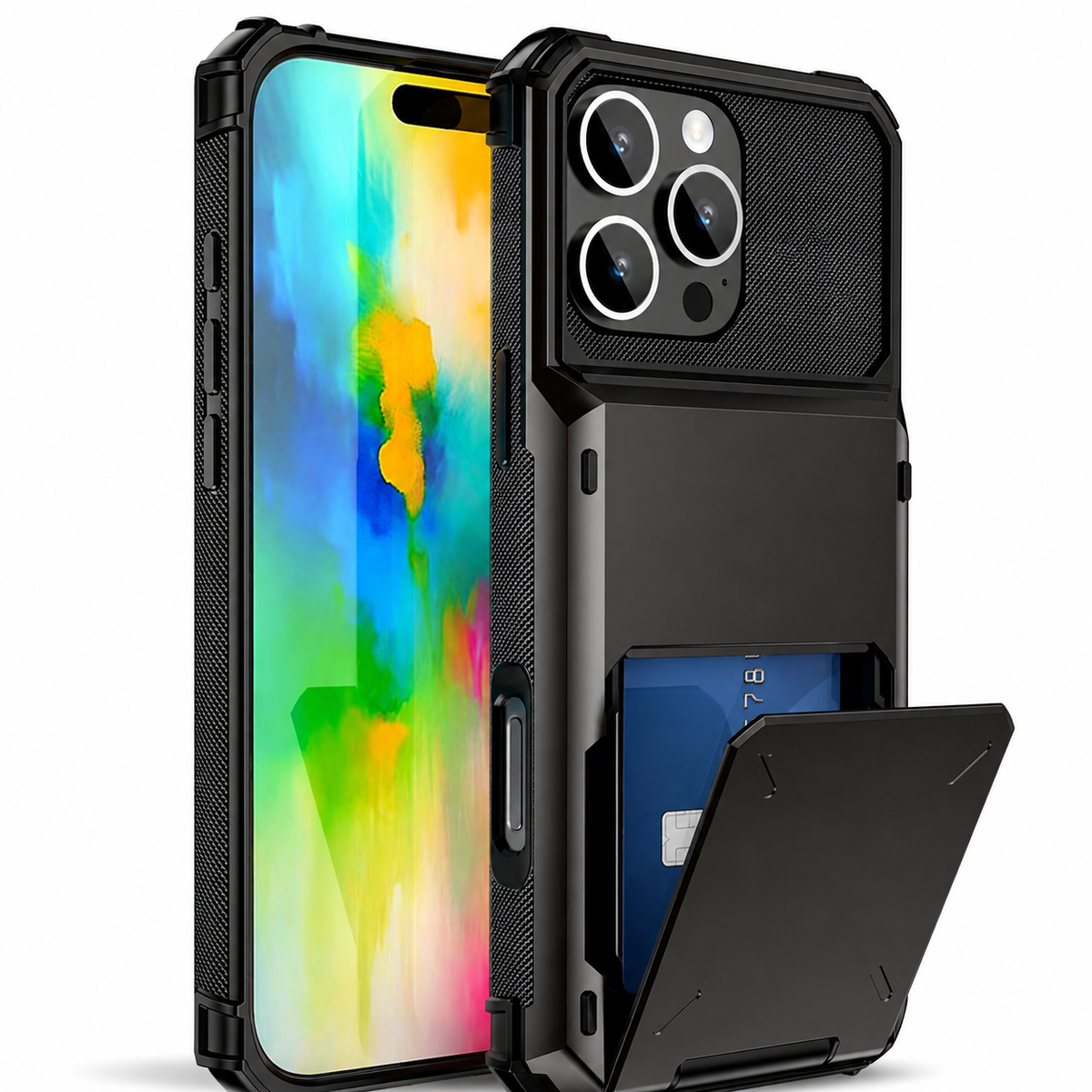 Premium iPhone Case Wallet Card Holder Slide Armor Shockproof Protective Cover Dual Layer PC Anti Scratch Anti Fingerprint Non Slip Slim Business Design