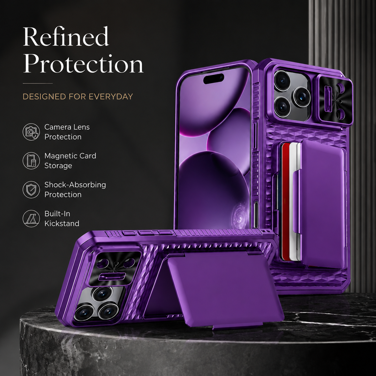 Premium iPhone Case Wallet Card Holder Sliding Camera Cover Stand Shockproof Dual Layer Heavy Duty Full Coverage Slim Protective Durable Design