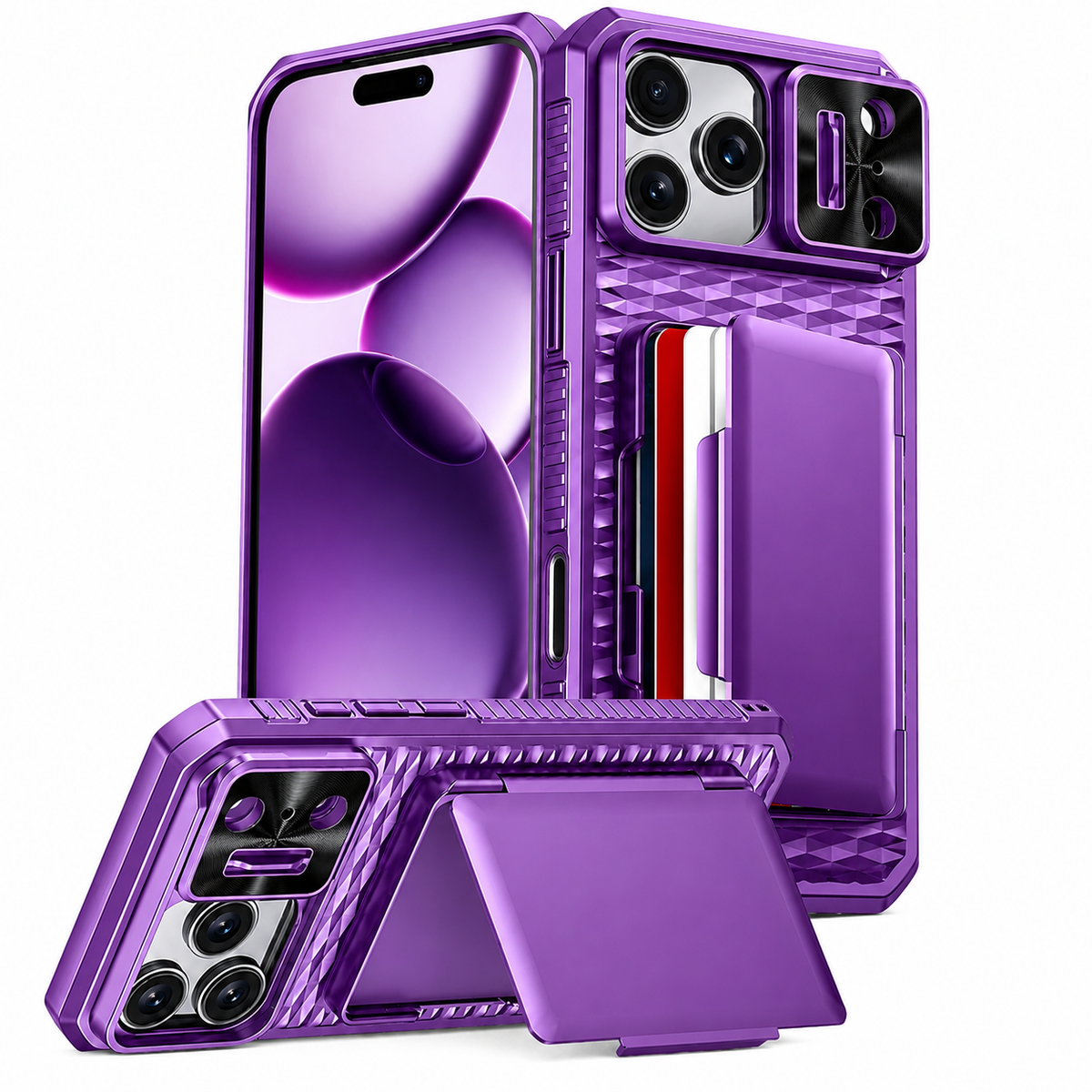 Premium iPhone Case Wallet Card Holder Sliding Camera Cover Stand Shockproof Dual Layer Heavy Duty Full Coverage Slim Protective Durable Design