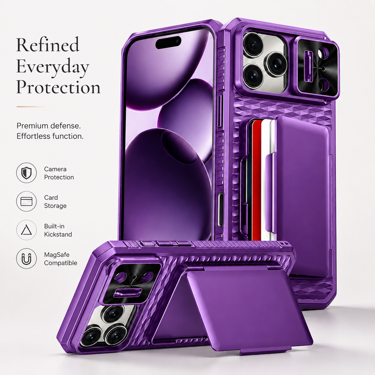 Premium iPhone Case Wallet Card Holder Sliding Camera Cover Stand Shockproof Dual Layer Heavy Duty Full Coverage Slim Protective Durable Design